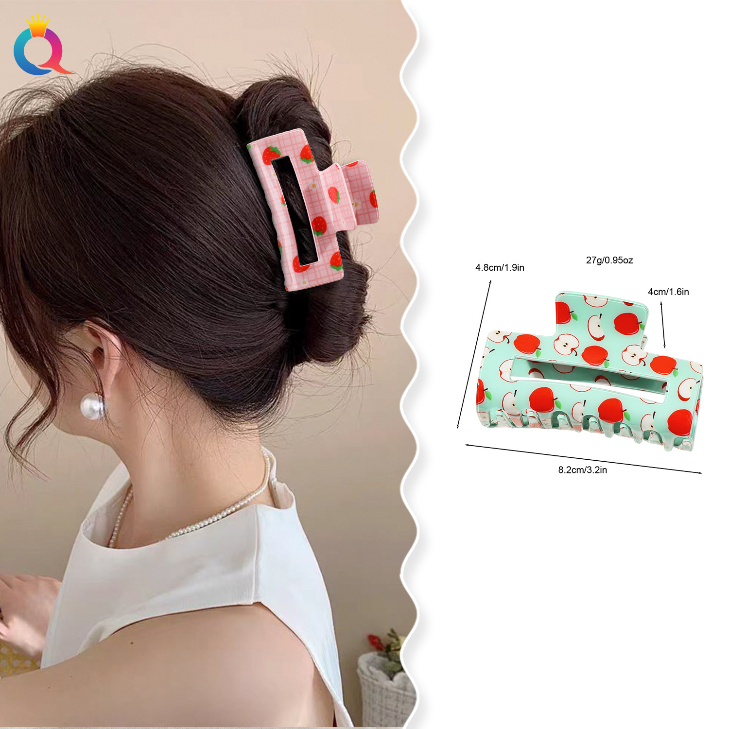 Wholesale of Qiyue PVC strawberry Watermelon Fruit Grabbers, girls' acrylic hair curls, hair clips, girls' shark clips and hair accessories Application Scenario