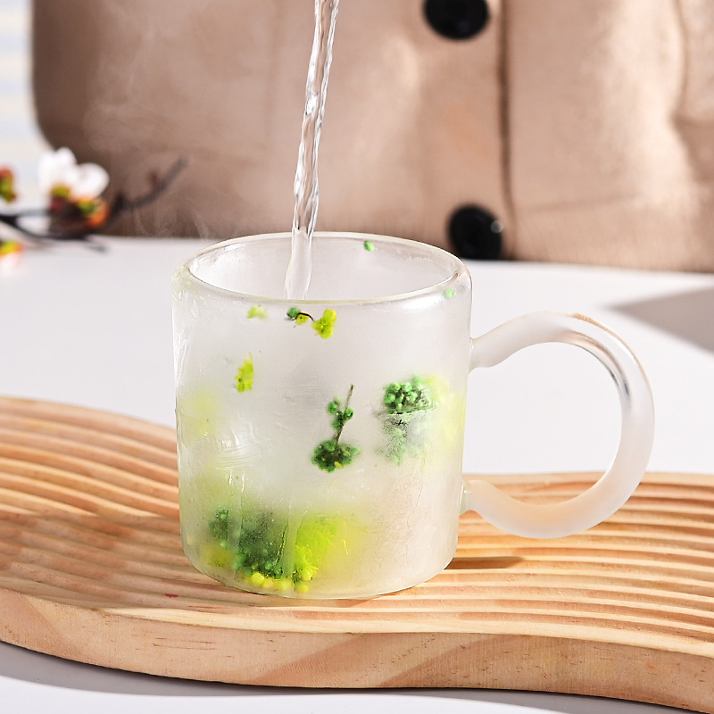 Creative dried flower double-layered cups, high borosilicate transparent glass cups, household heat-resistant and heat-insulating breakfast cups, beverage cups, coffee cups details Picture