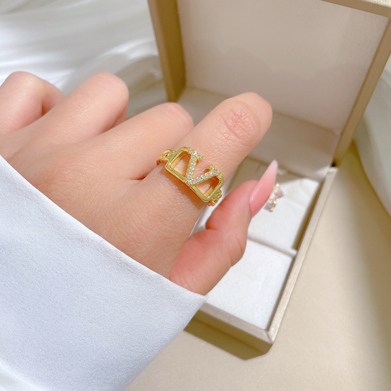 【 Real Gold 】 V-shaped chain full diamond ring with adjustable opening, simple Japanese-style bracelet, couple rings details Picture