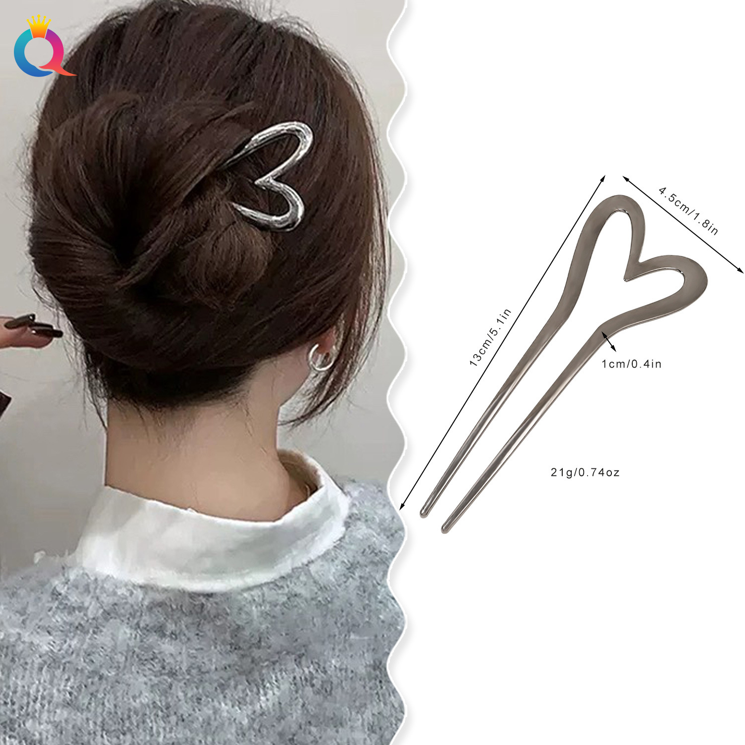 Qiyue Heart-shaped U-shaped ancient-style hairpins, high-end metal coiled hairpins, simple Hanfu hairpins and hair accessories wholesale details Picture