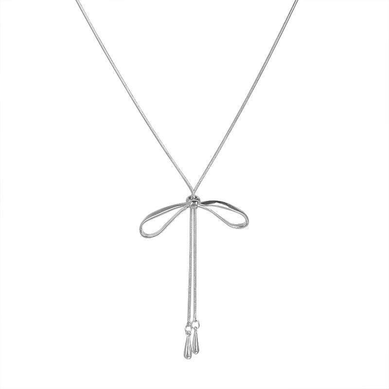 Silver bow pull-out necklace for women, simple and cool ins style long accessory, Korean fashion style collarbone chain Item Picture