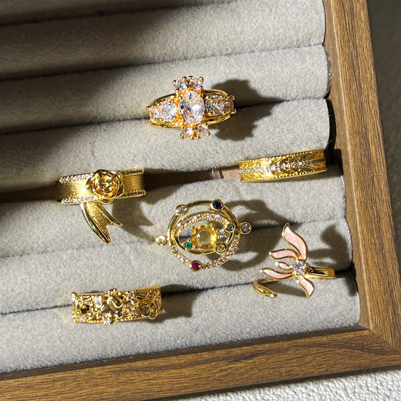 The new Chinese-style magpie style open ring, retro flower planet color diamond, exquisite and high-end, a niche ring Specification drawing