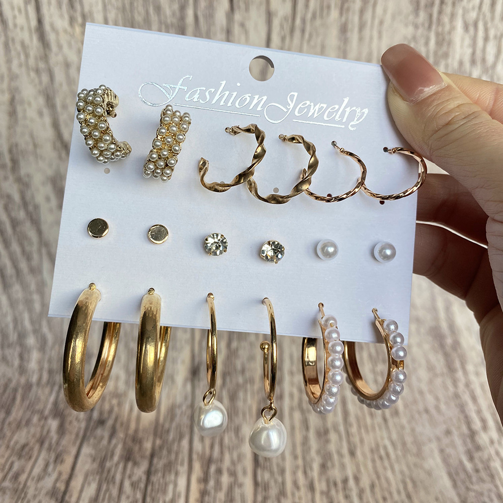 French retro gold earring set of 9 pieces, new European and American cross-border pearl-inlaid women's earrings and stud earrings Specification drawing