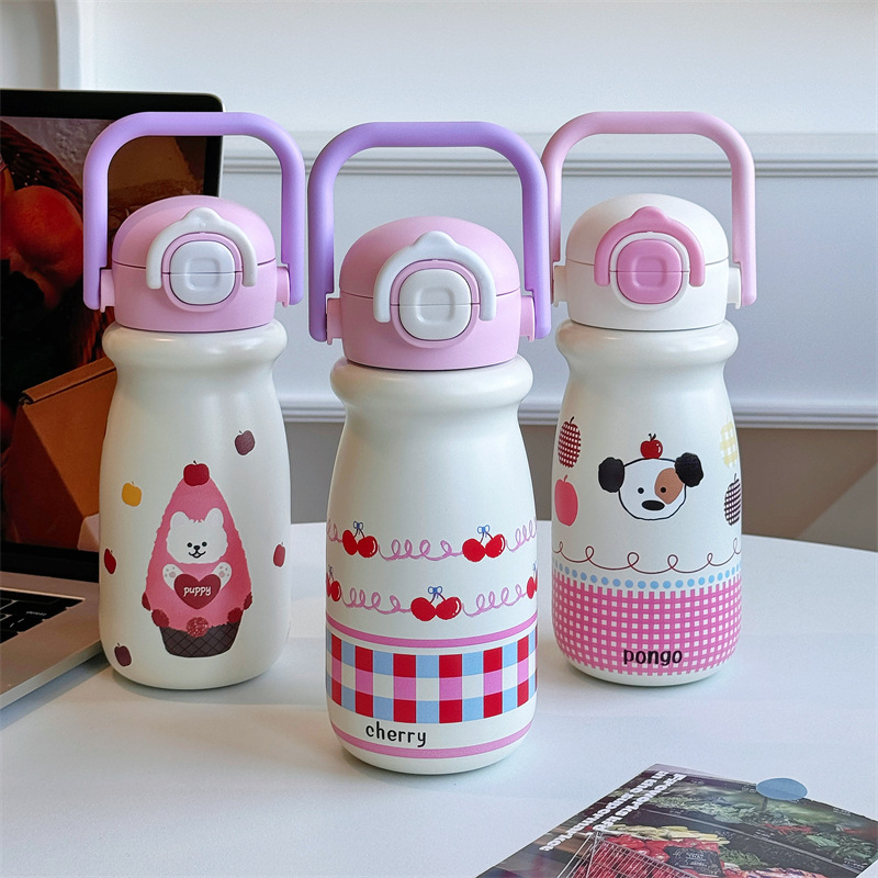 Cute pet hand-held bouncing double-drinking stainless steel insulated cup 2025 new style cute cartoon high appearance level straw cup water cup Specification drawing
