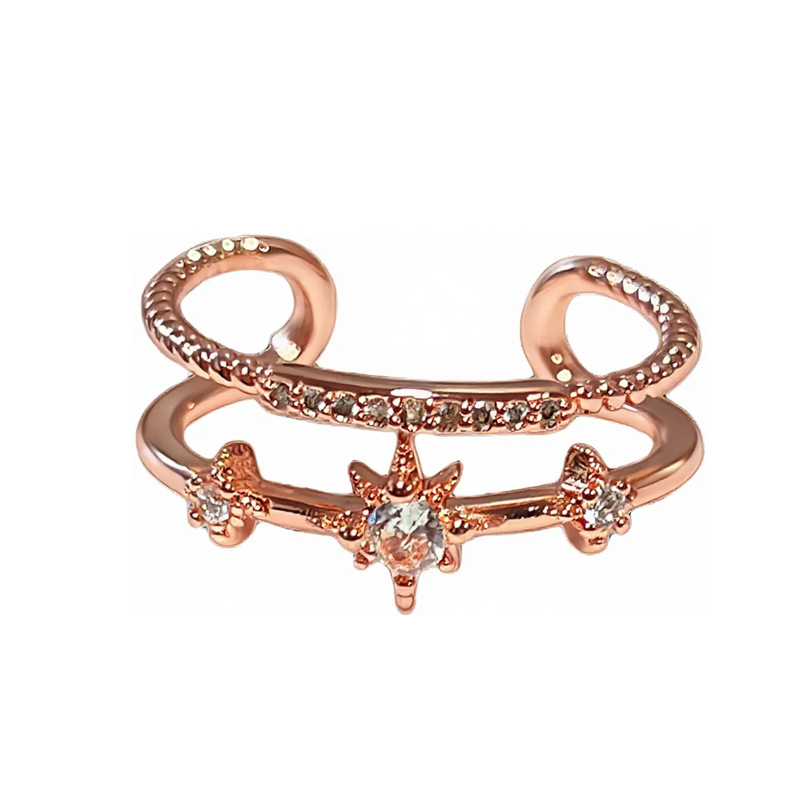 A Japanese-style light luxury star-studded diamond-encrusted open-top ring, a unique and trendy rose gold line double-layer index finger ring Item Picture