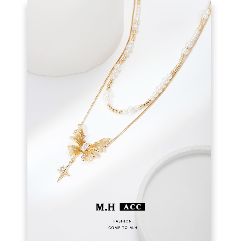 High-end golden butterfly necklace for women, ins double-layer pearl collarbone chain, original and elegant lady pendant wholesale Specification drawing