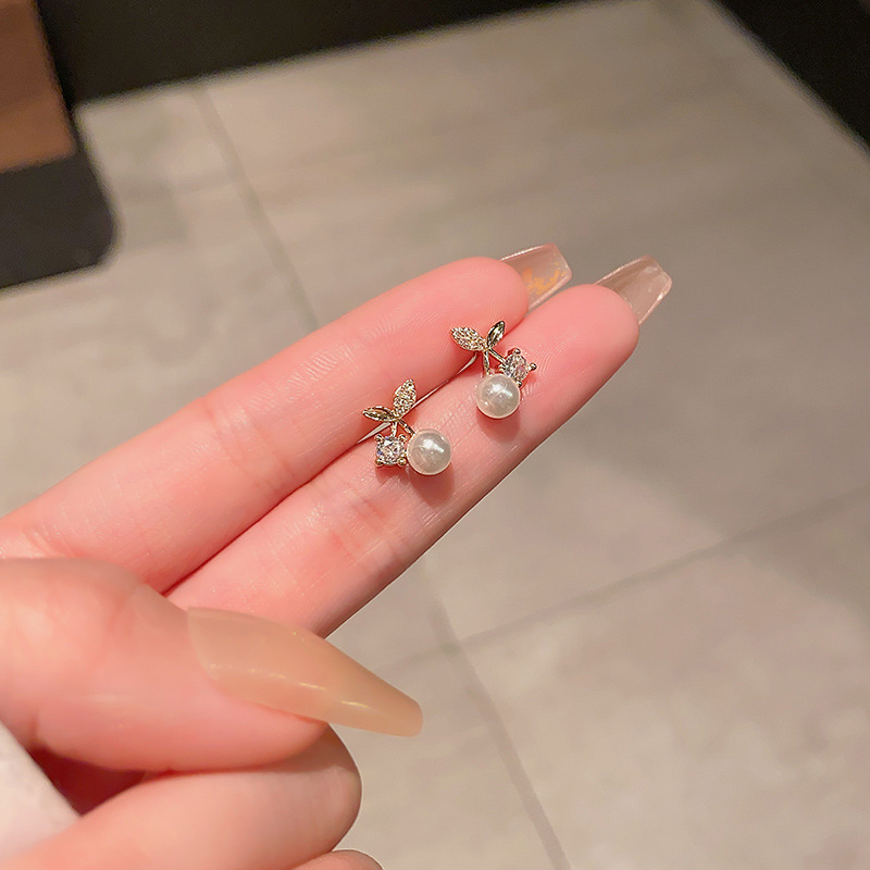 S925 Silver Needle New Super Flash Zircon Cherry Earrings for women, light luxury, niche design, simple and versatile pearl stud earrings full figure