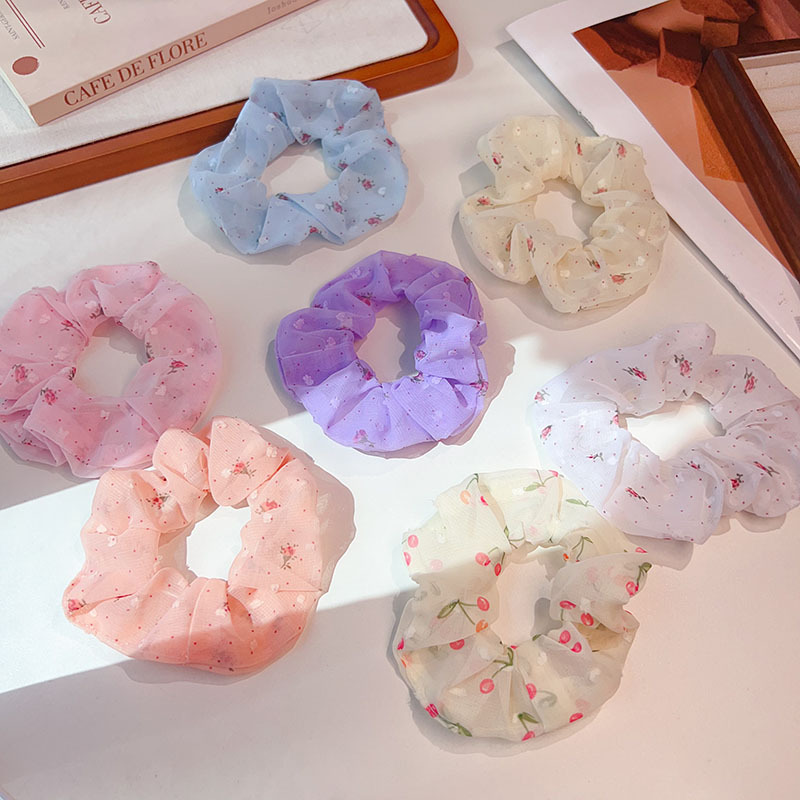 Korean-style fresh and delicate floral large intestine hair band, high-end European-style gauze hair tie, high-elasticity girls' ponytail leather band hair tie details Picture