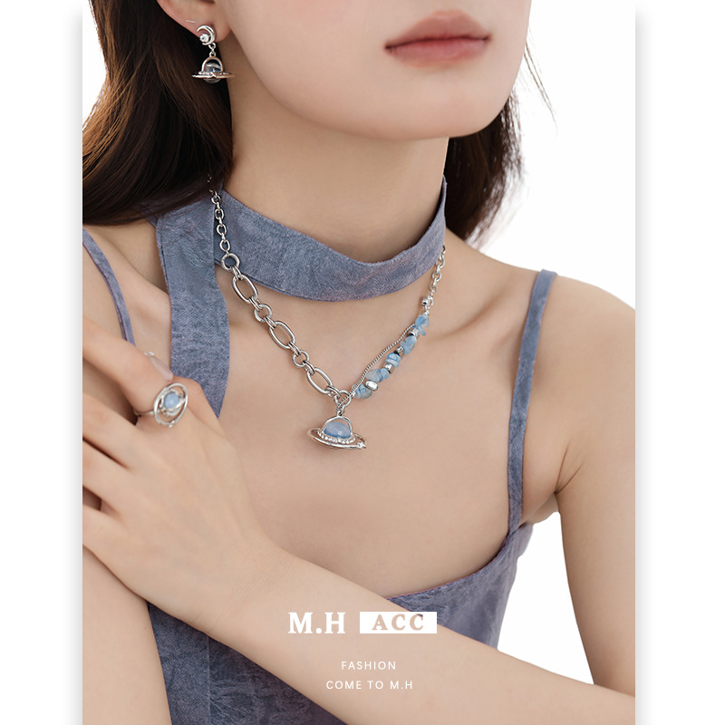Original Blue Planet series: light luxury, fashionable, high-end, sweet and cool style, unique and niche design necklaces, earrings and rings details Picture