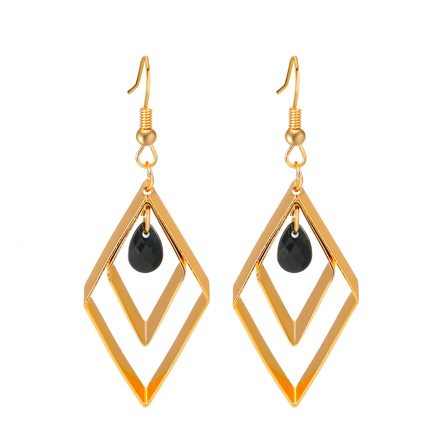 European and American golden retro diamond-shaped earrings, women's black water drop rhinestone pendants, hollowed-out earrings, ins fashion earrings Item Picture