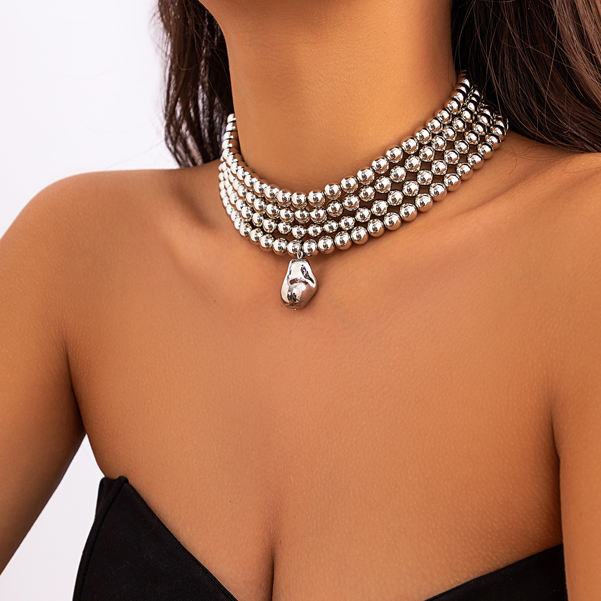 European and American cross-border jewelry, exaggerated beaded multi-layer layered punk necklace, niche and simple round beaded chain necklace for women full figure
