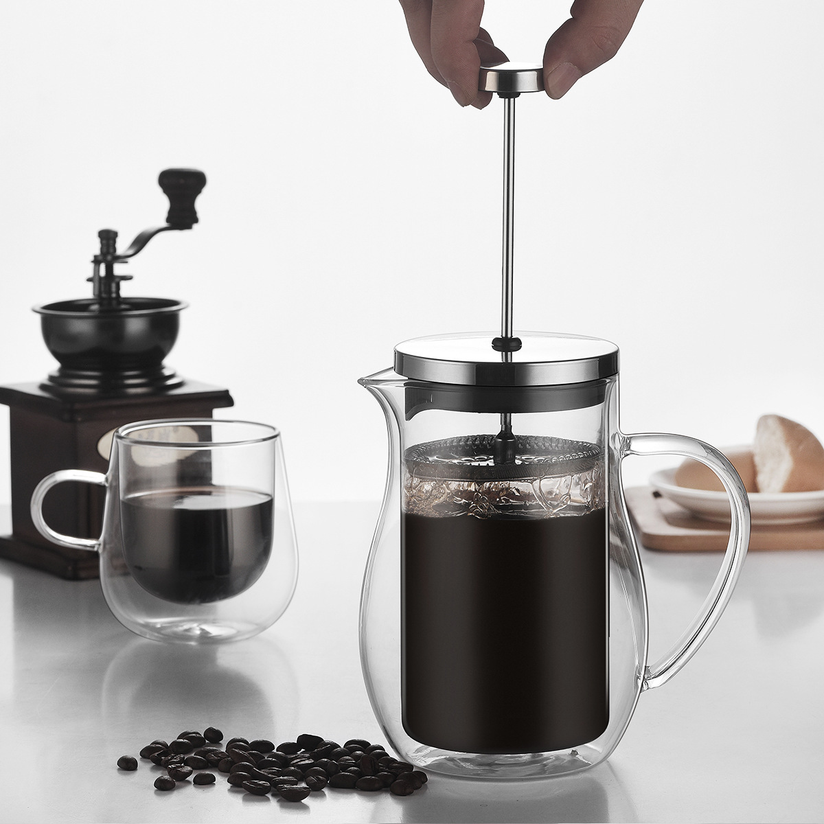 【 Customized LOGO】 Double-layer French press, glass coffee pot, coffee utensils, home filter, sharing pot, color Specification drawing