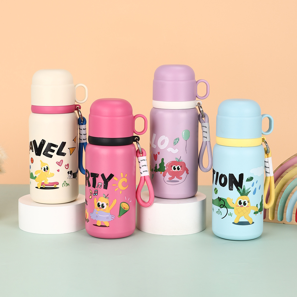 Cartoon 316 stainless steel children's insulated cup, outdoor anti-drop portable cup with handle rope, vacuum sports water bottle Specification drawing
