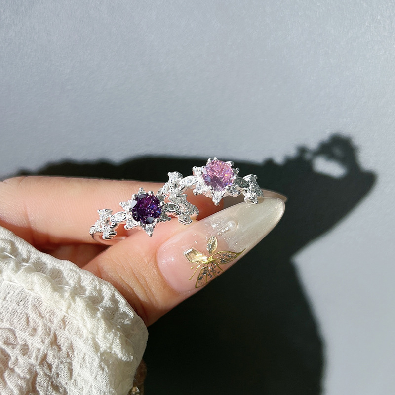 A sweet and fashionable new style of pink, purple and diamond layered light luxury open ring for women, simple and individual, niche micro-set trendy ring details Picture