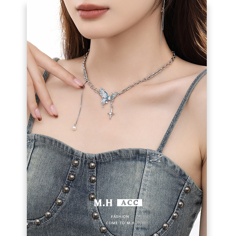 Cold blue and white oil-dripping butterfly necklace, women's light luxury and niche design sense collarbone chain, fresh and sweet necklace wholesale full figure