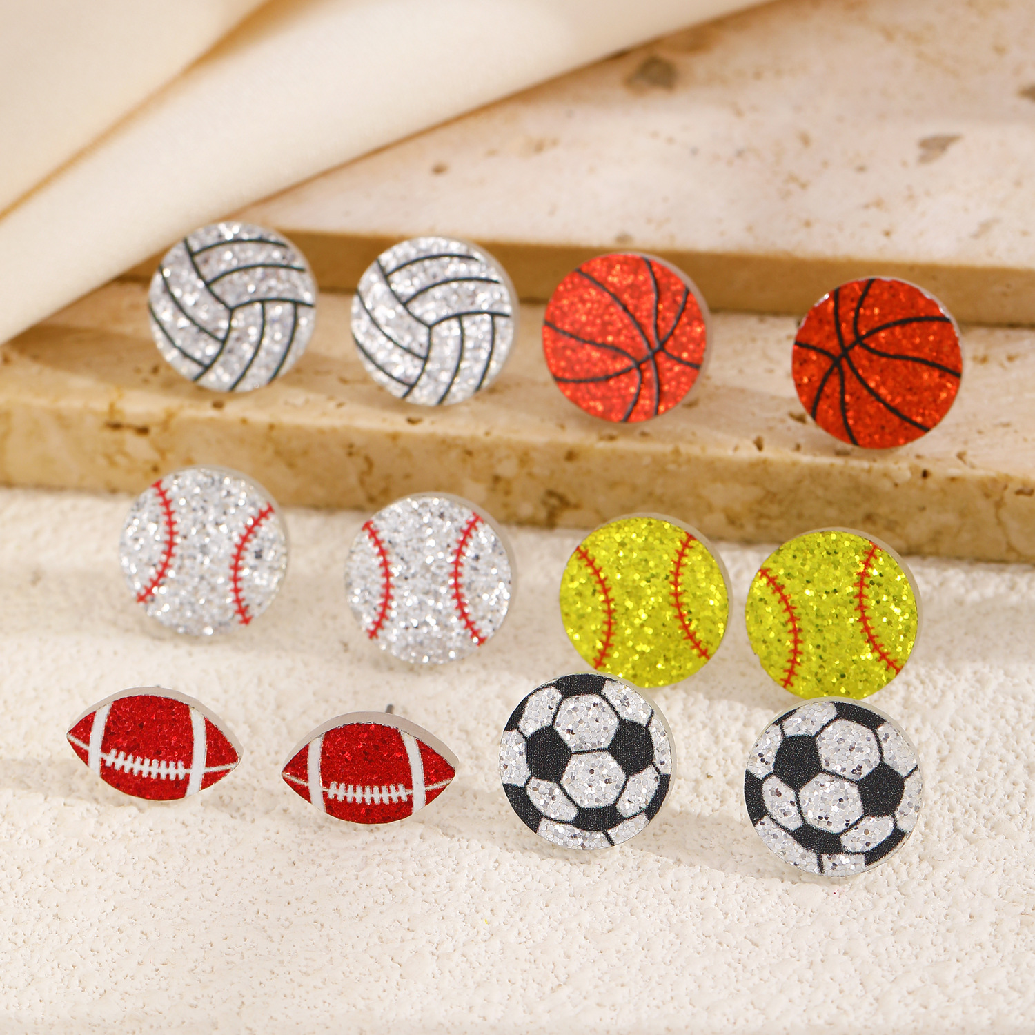 Cross-border retro acrylic heart-shaped stud earrings, women's doubles heart-shaped rugby, basketball and baseball sports ball earrings and accessories Specification drawing