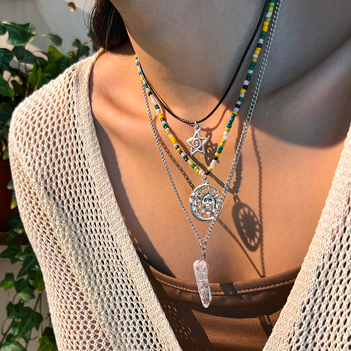 European and American cross-border jewelry, Baroque pearl star water drop pendant necklace, irregular alloy multi-layer collarbone chain details Picture
