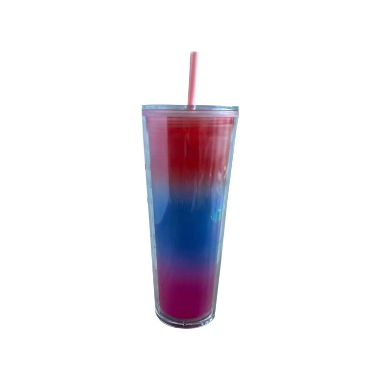 New wholesale double-layer plastic cups with straws, PS gift cups, temperature-sensitive gradient color beverage straws, color-changing cups Item Picture