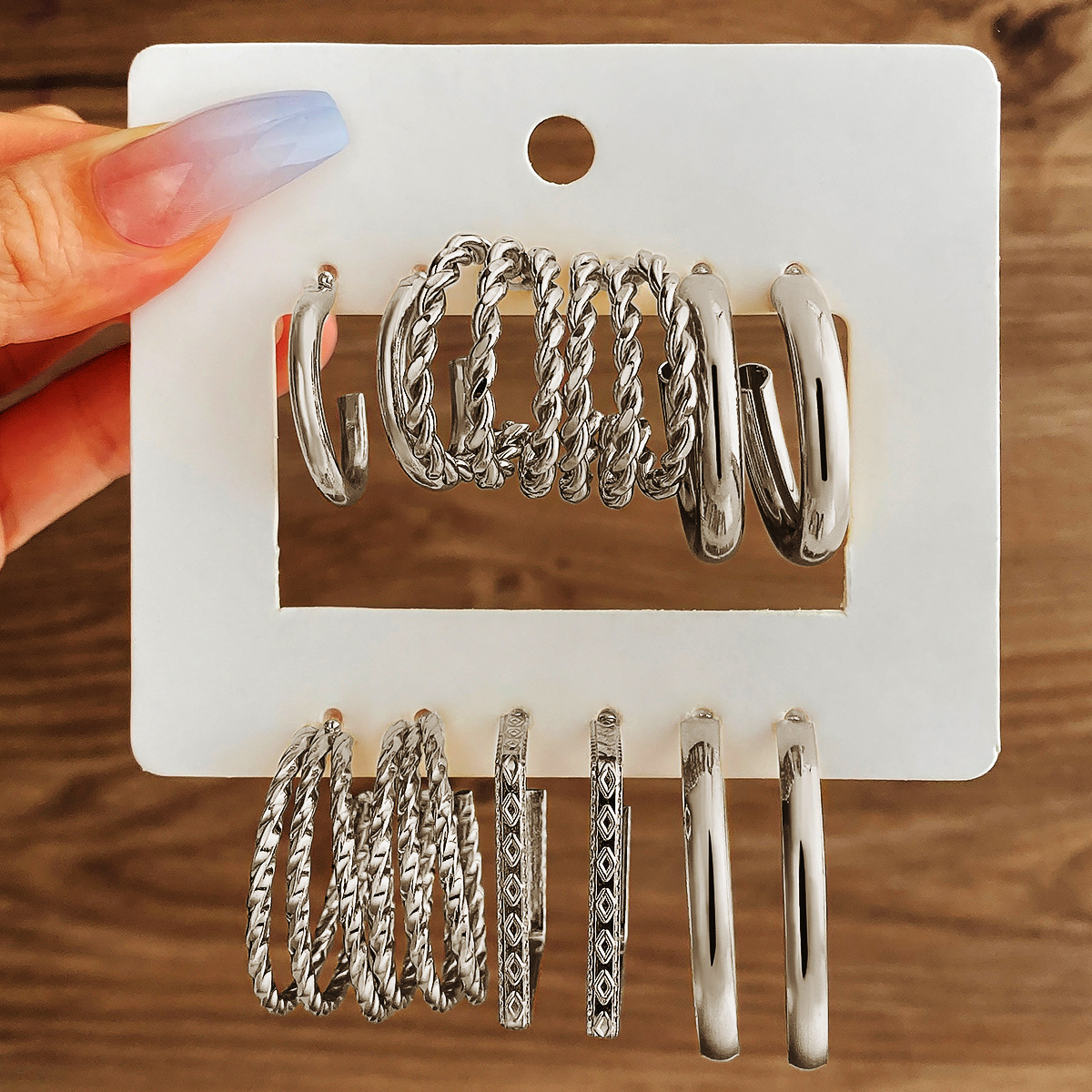 Wholesale of 6-piece set of C-shaped geometric diamond-encrusted alloy metal earrings with a cross-border style from Europe and America full figure