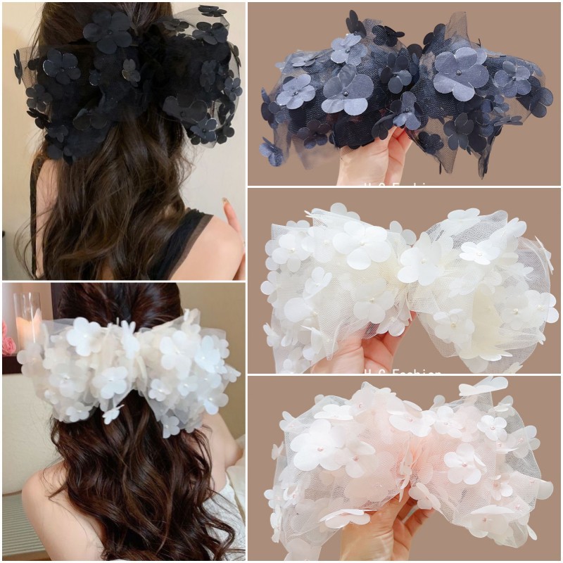 Large bow hairpin, mesh flower, high-end feel, spring clip, sweet new hair accessory, hairpin, super fairy-like headwear for women full figure