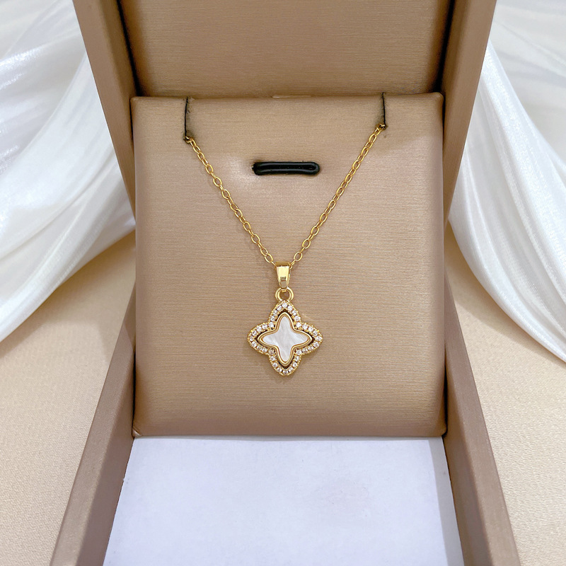 【 Titanium Steel 】 Four-Leaf Clover Shell Micro-inlay Necklace and Earring set, a light luxury and individual style earring and necklace combination Specification drawing
