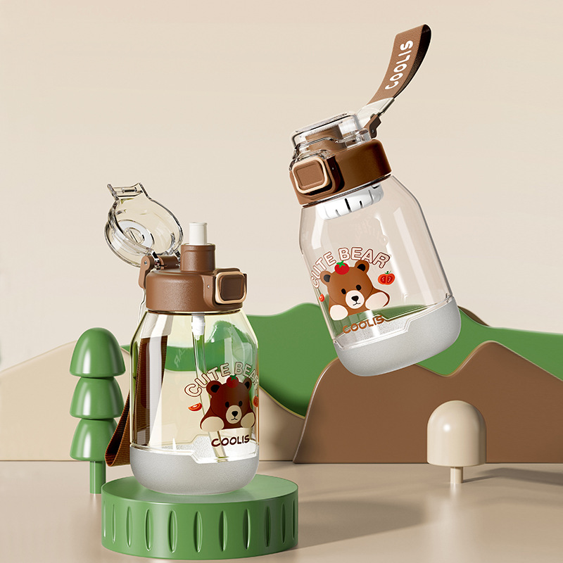 Cute scarf bear TRitan water cup, student cartoon plastic straw cup, summer high appearance level sports water cup for girls Specification drawing