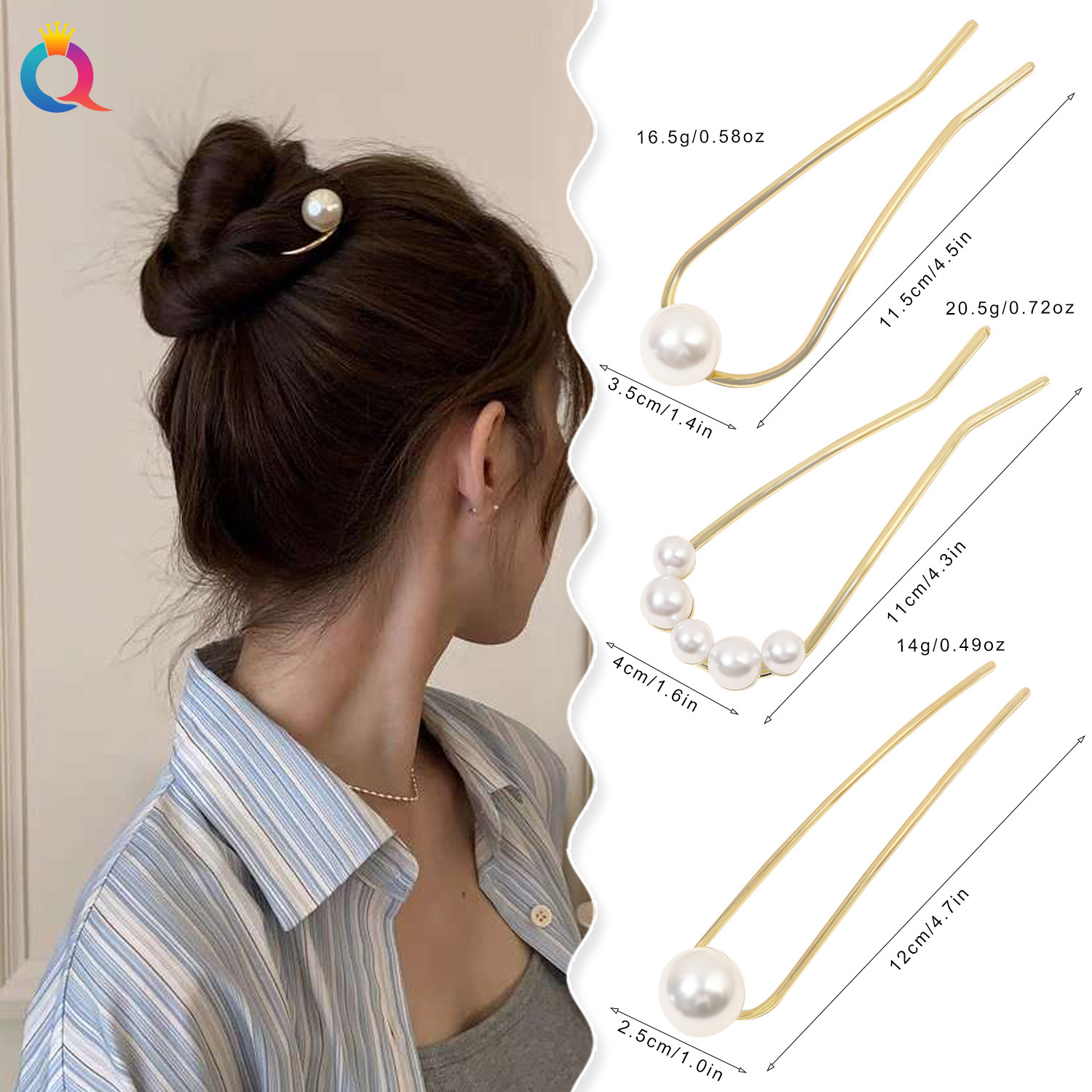 Qiyue Cross-border U-shaped metal Pearl Hairpins, Women's ancient-style alloy hair hairpins, hairpin accessories, hair accessories wholesale details Picture