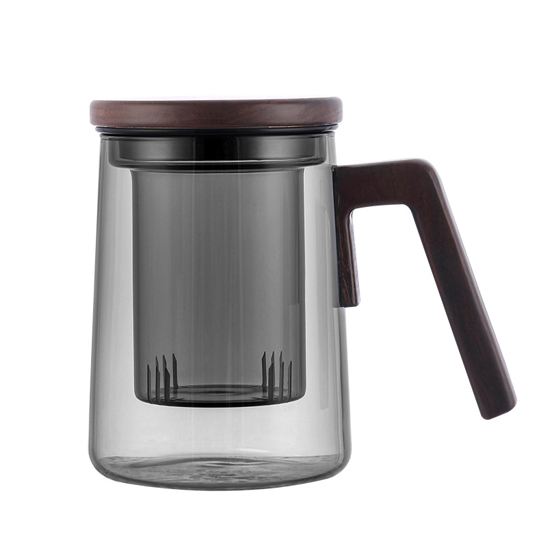 Glass tea cups, heat-resistant high borosilicate personal office cups with LIDS, tea strainers, tea water separation cups, wooden-handled cups Item Picture