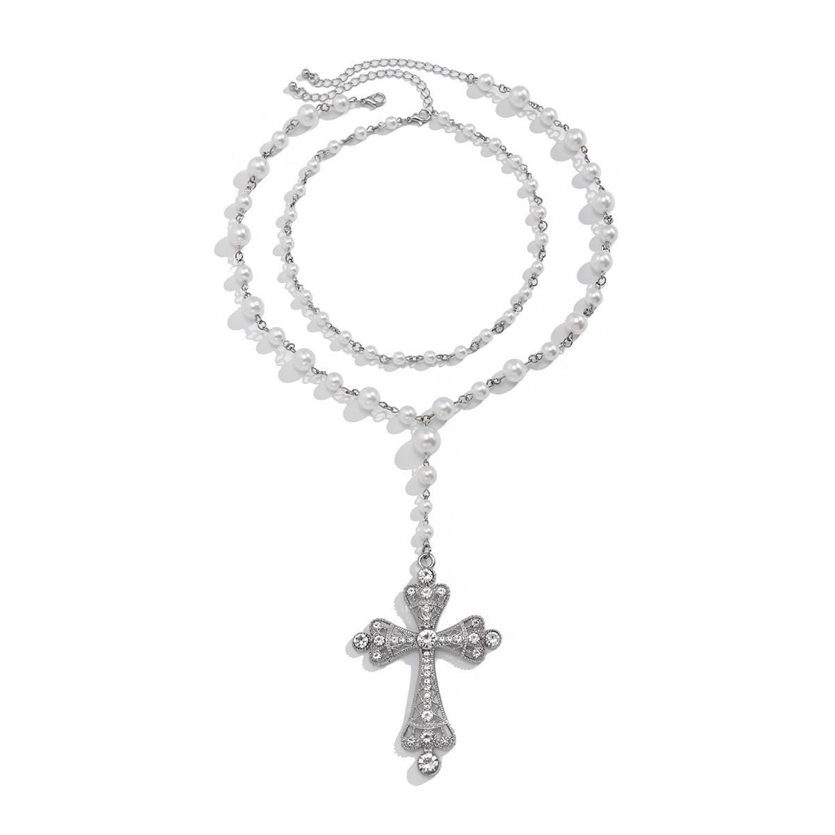 European and American cross-border jewelry fashion multi-layer imitation pearl cross collar ins geometric alloy collarbone chain Item Picture