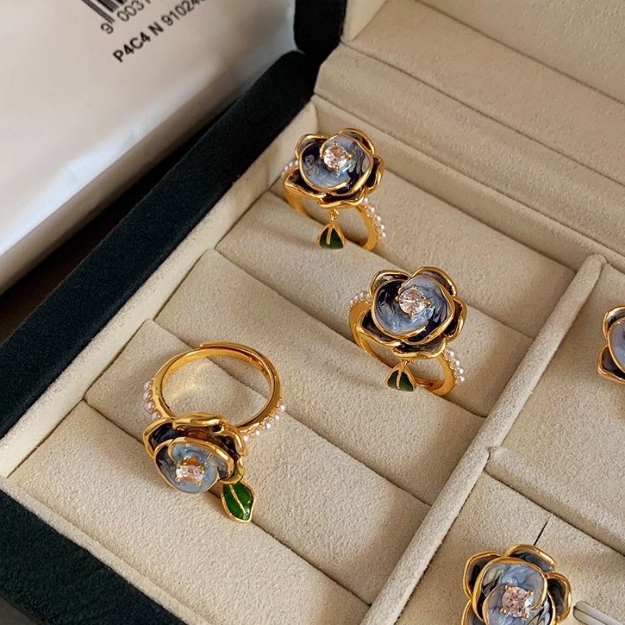 New Chinese-style enamel drop glaze camellia pearl ring, a niche design for women, with a retro, light luxury and high-end open ring Specification drawing