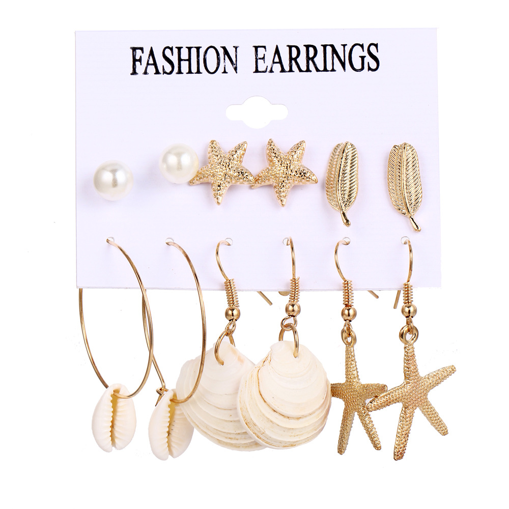 Aliexpress new European and American style conch series earrings, women's starfish shell beach beach-style earrings 6-pair set Item Picture