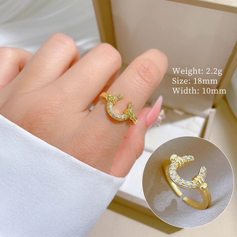 【 Real Gold 】 Crescent-shaped full diamond ring with adjustable opening, simple Japanese-style bracelet, couple rings full figure