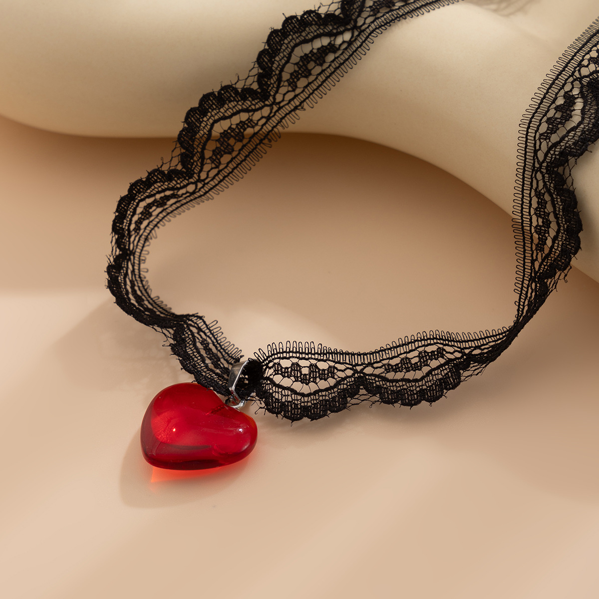 Black versatile lace collarbone chain with a sweet and cool style, red glass heart-shaped pendant necklace for cross-border European and American jewelry Application Scenario