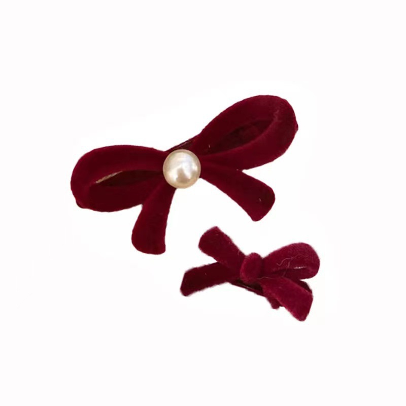 New Year's red velvet hair clip, pearl bow hair clip, Anchorage red hair accessory, high-end style, little Chanel side clip Item Picture