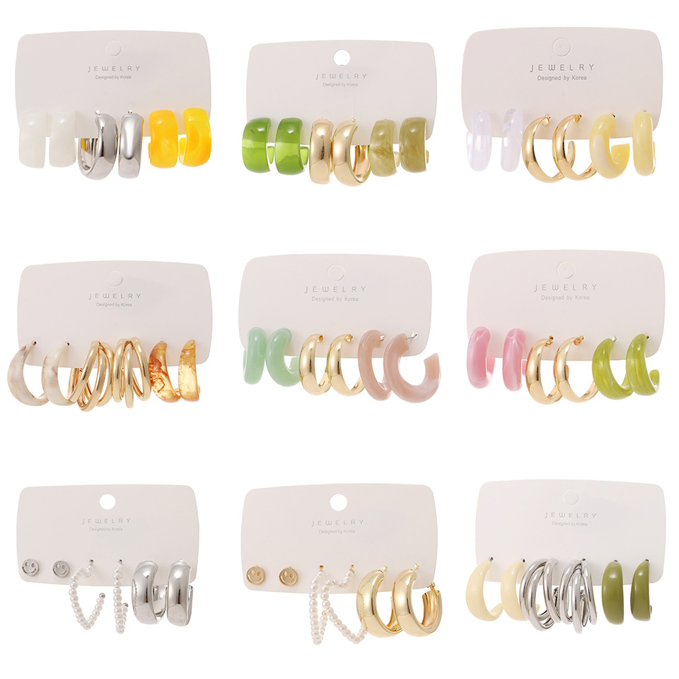 New European and American resin earring set, 6-piece round stud earrings for women's commuting, fashionable OL heart-shaped pearl earrings full figure