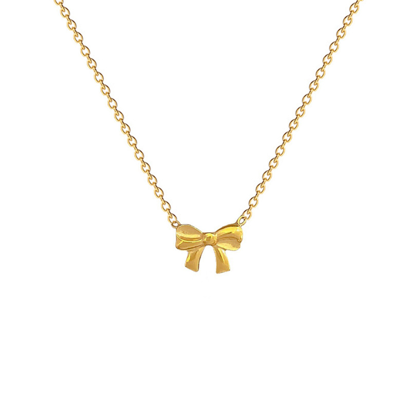 【 All-titanium Steel 】 Simple bow, elegant and individual, minimalist style, real gold necklace inside the furnace, women's ins collarbone chain Item Picture