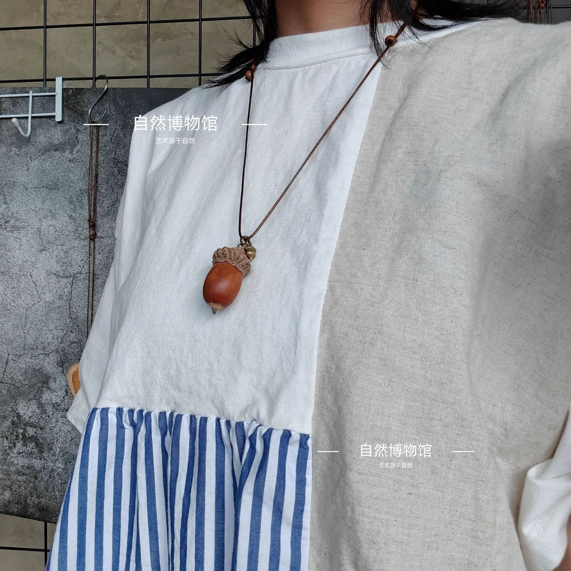Natural fruit necklace, plant wood forest-themed wax rope, adjustable creative design pendant, sweater chain, collarbone chain details Picture