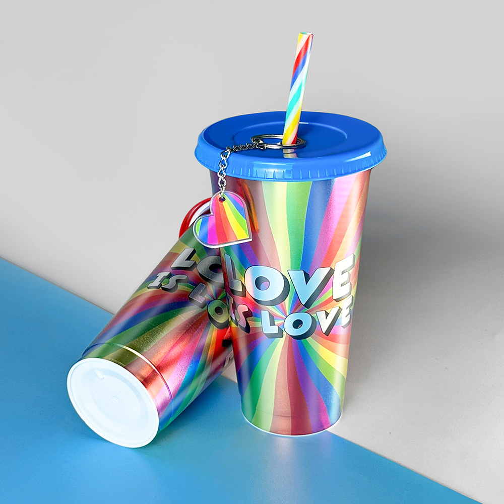 Factory stock: 710ML large-capacity rainbow laser cup, summer creative rainbow cool and dazzling plastic water cup with gold foil stamping Specification drawing