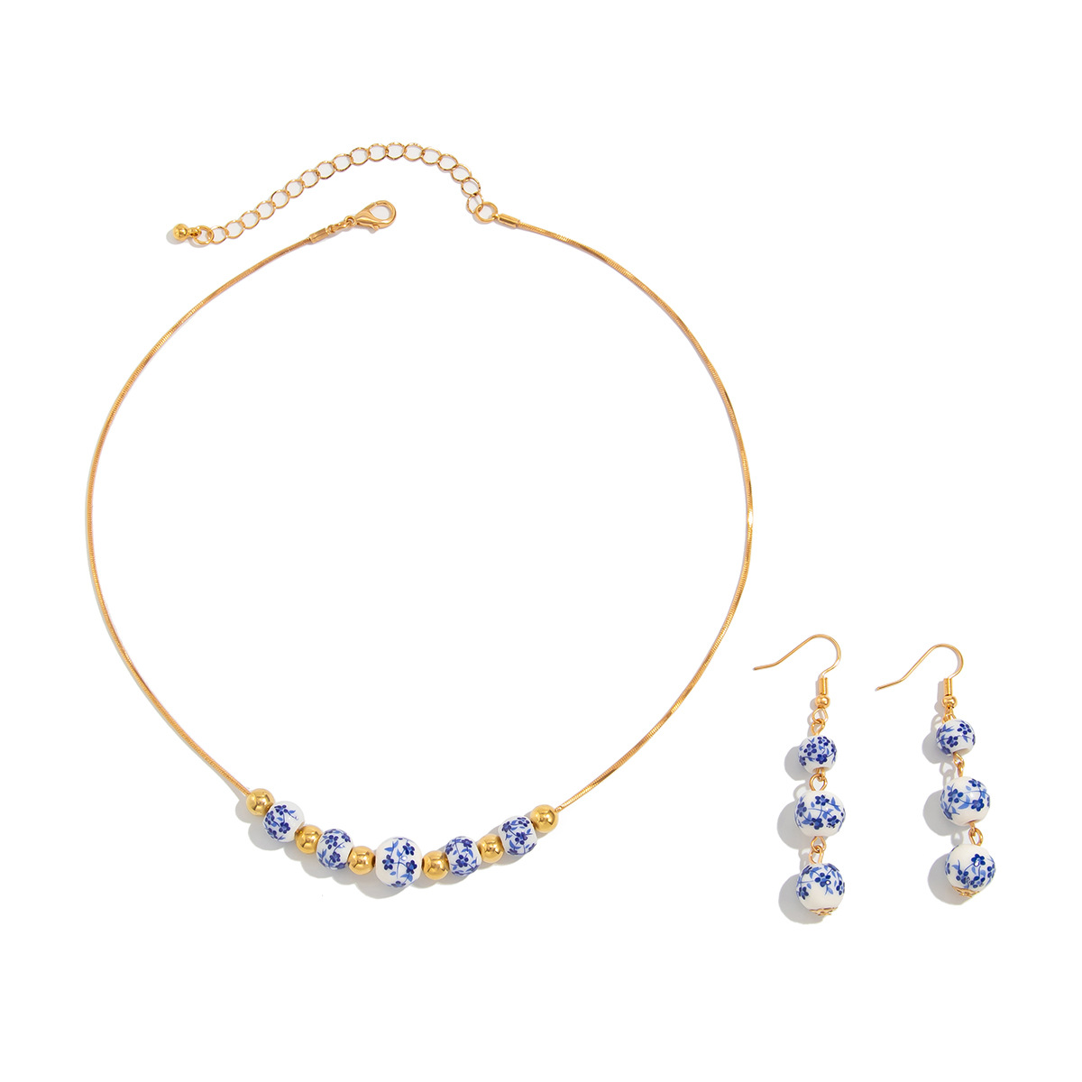 European and American cross-border jewelry, Chinese-style blue and white ceramic beaded necklace set, ins simple metal chain collarbone chain Item Picture
