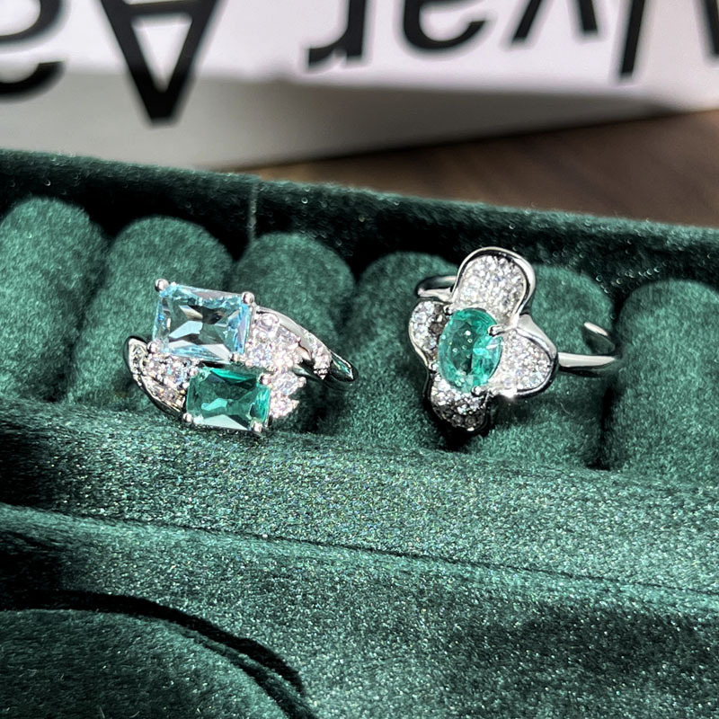 Cross-border Heavy Industry Green and blue ice-transparent Double Zircon small cube Sugar Exquisite Open ring Women's light luxury high-end retro ring Specification drawing