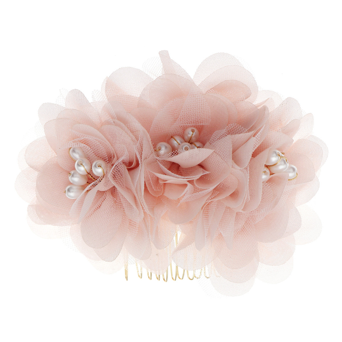 A new cross-border pink pearl flower arrangement comb, a versatile headwear for photo shoots and Internet celebrities, and a gauze floral bridal hair comb Item Picture