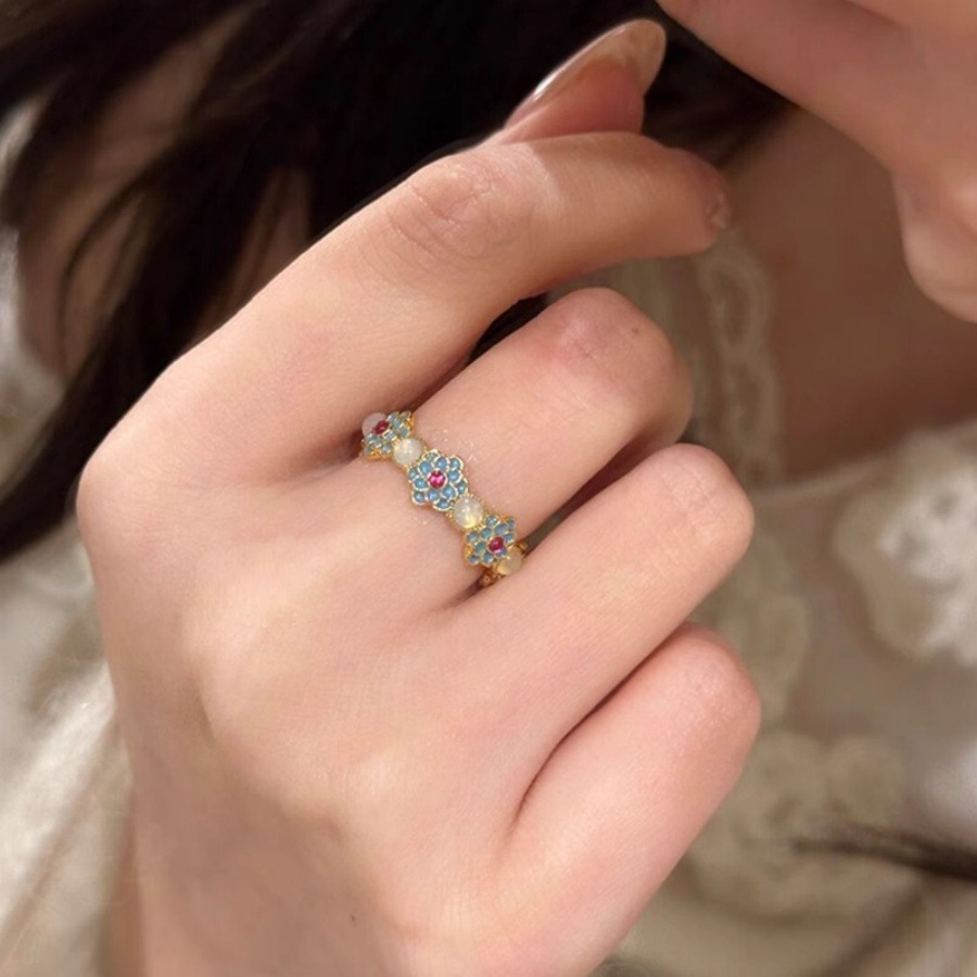 New Chinese-style blue drop enamel flower ring for women, light luxury, retro and high-end, ice-transparent chalcedony index finger ring details Picture