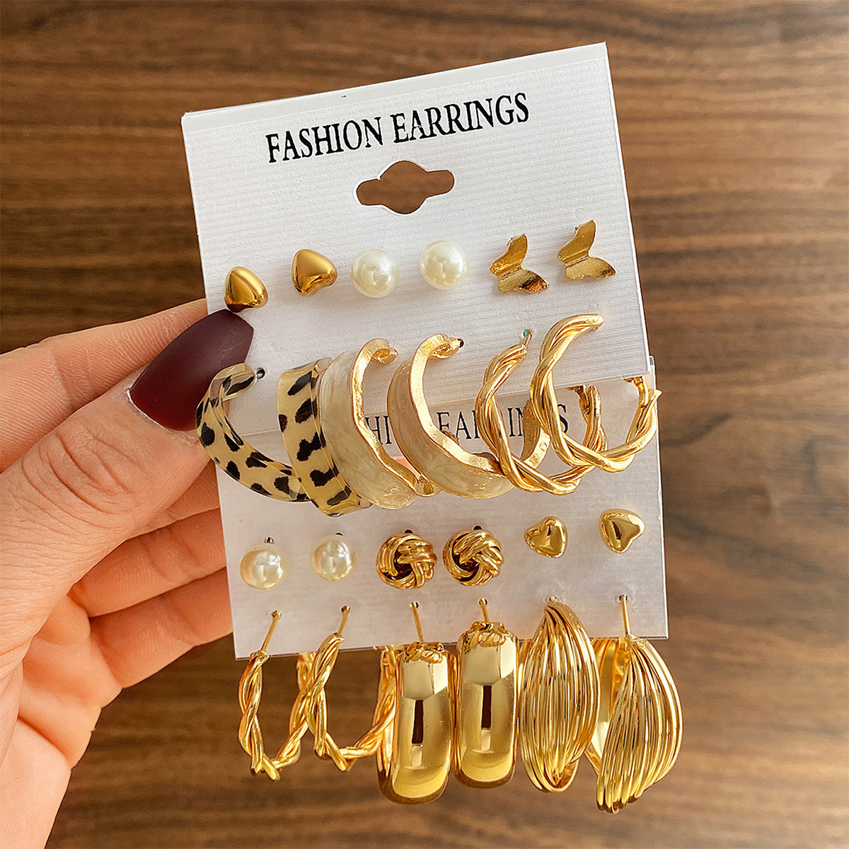 A new cross-border leopard print multi-layer geometric circle butterfly heart stud vintage wrapped pearl earring set of 6 pieces full figure