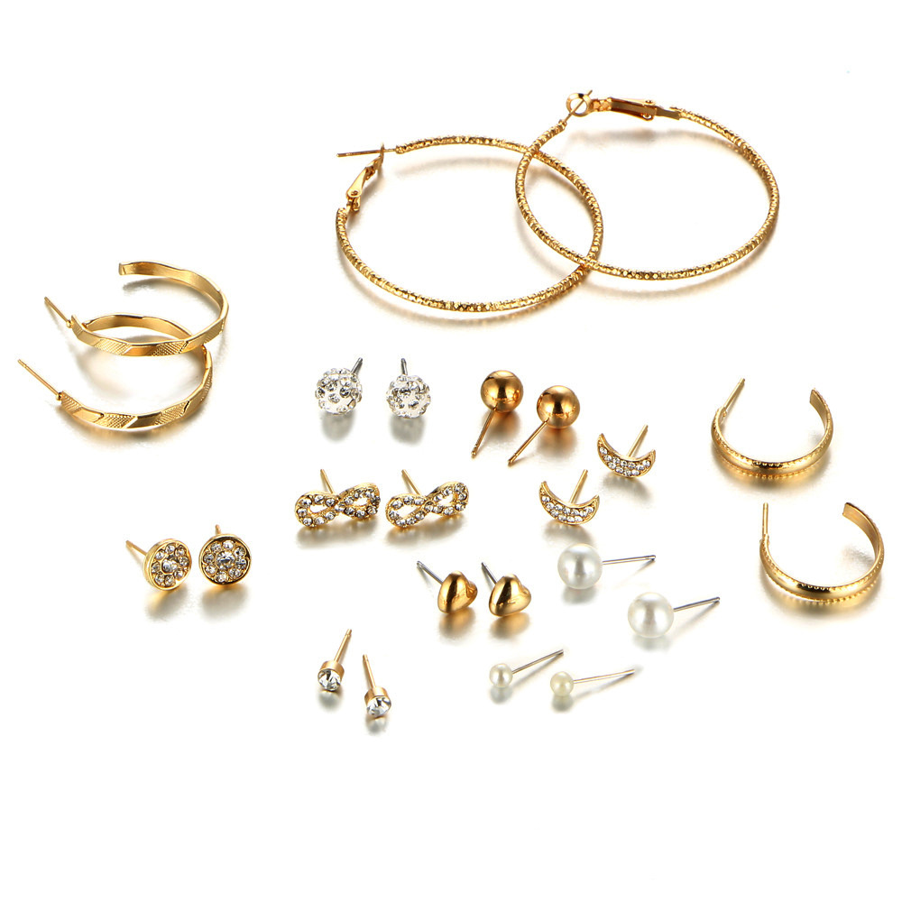 A 12-piece set of creative, retro and simple earrings with rhinestones and exaggerated large, medium and small rings from Europe and America Application Scenario