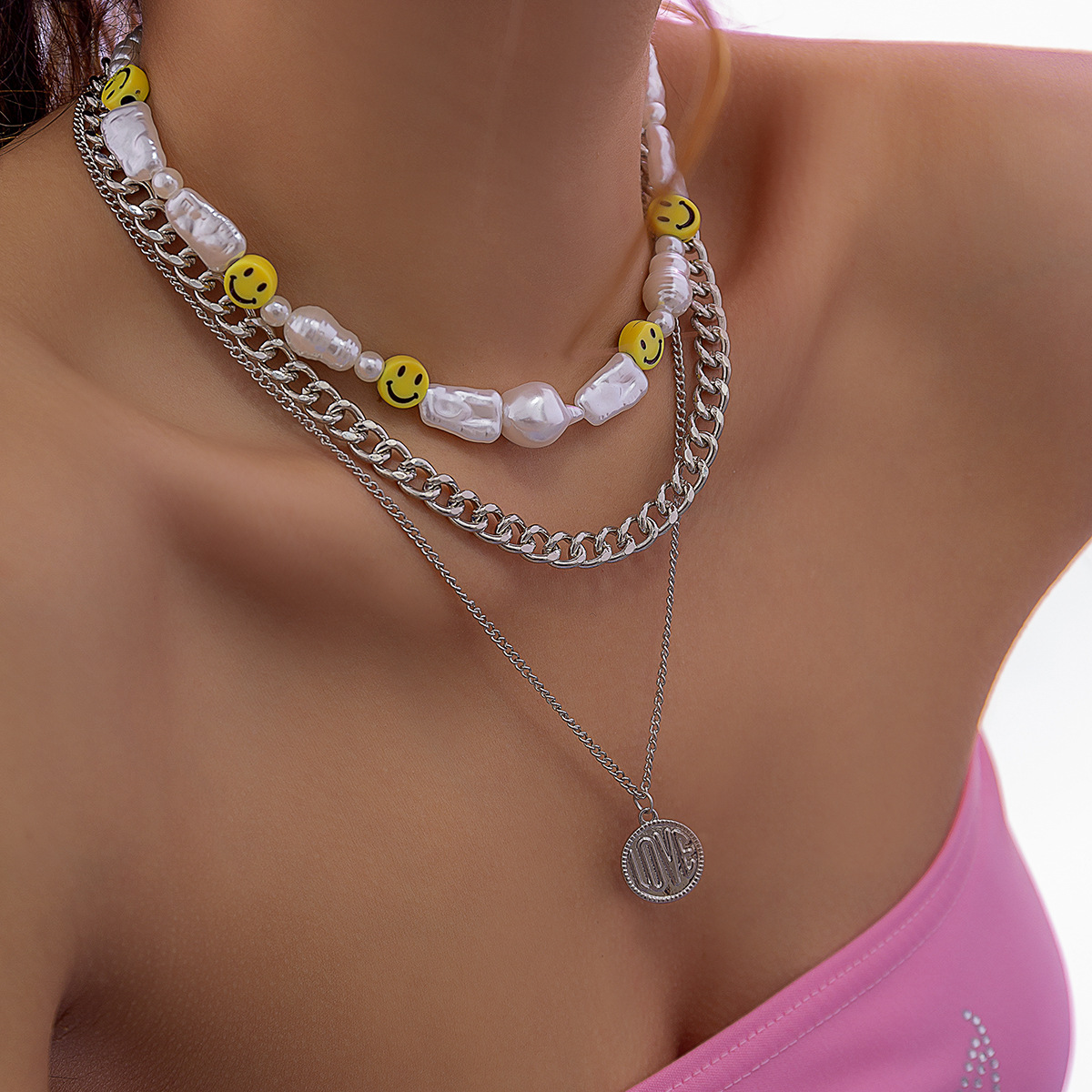 European and American cross-border jewelry, ethnic style spliced combination collarbone chain necklace, imitation pearl geometric smiling face letter necklace details Picture