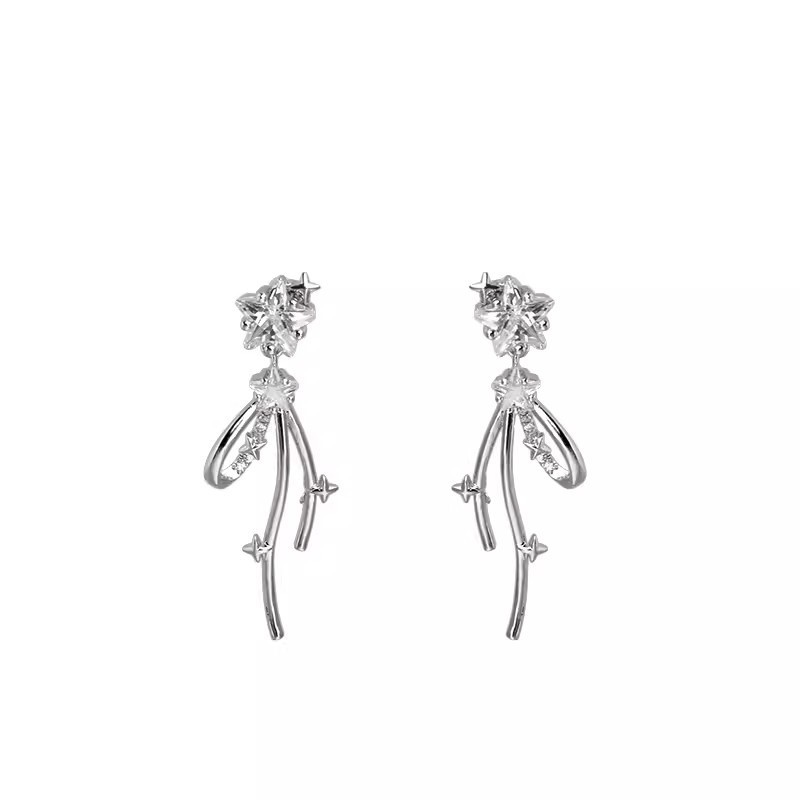 Japanese and Korean micro-inlaid star-shaped elegant earrings, women's tassel long, light luxury and high-end style ear studs, exquisite and cold style earrings Item Picture