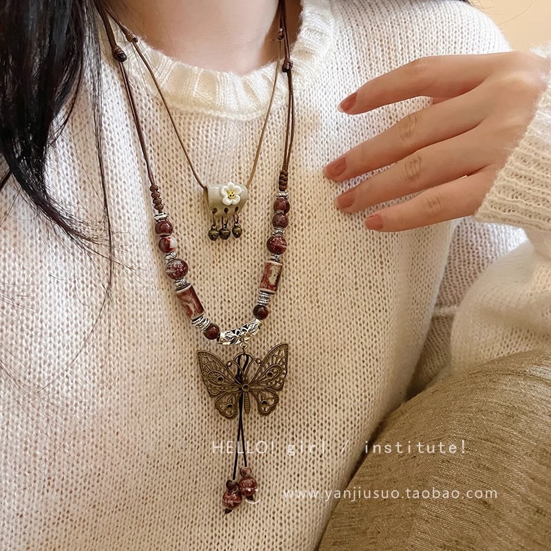 Bohemian ethnic style butterfly necklace, new Chinese retro long pendant for women, summer fashion, versatile and vacation style details Picture
