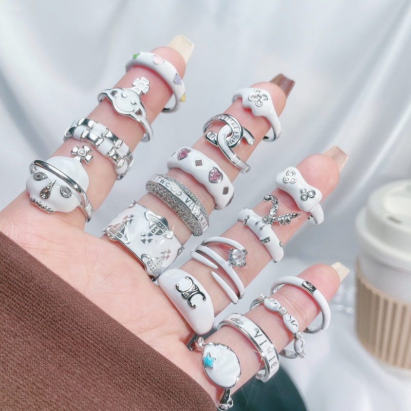 Simple and fashionable white series glazed open ring, irregular sweet and cool fashion, ins cold style niche ring details Picture
