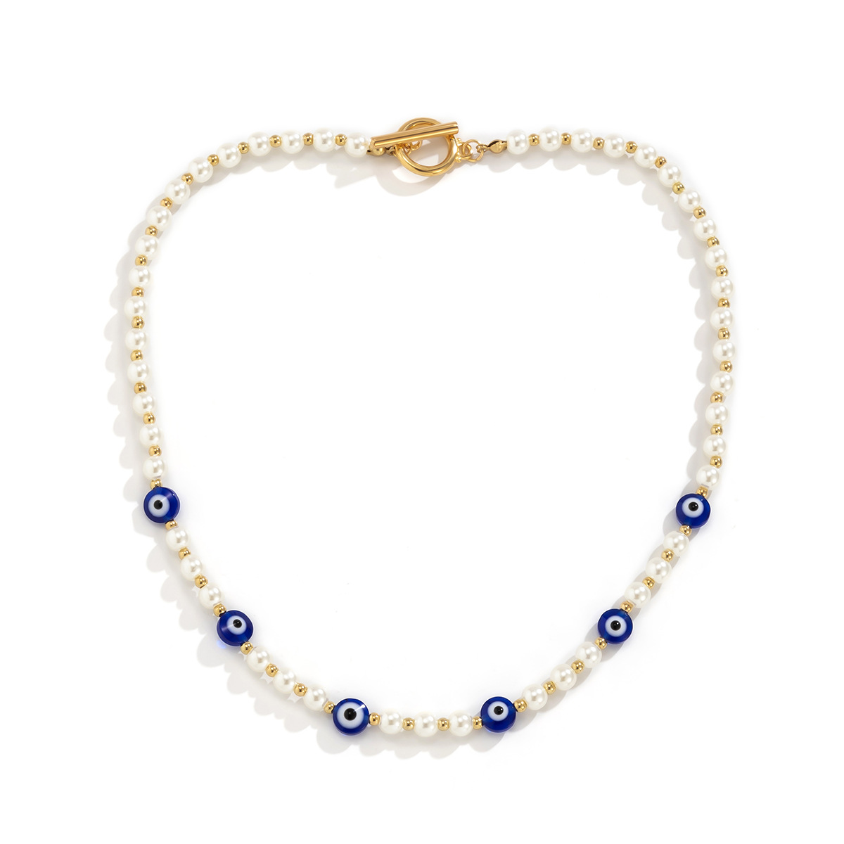 European and American cross-border jewelry: Geometric simple OT buckle single-layer collarbone chain, retro patchwork imitation pearl eye necklace Item Picture