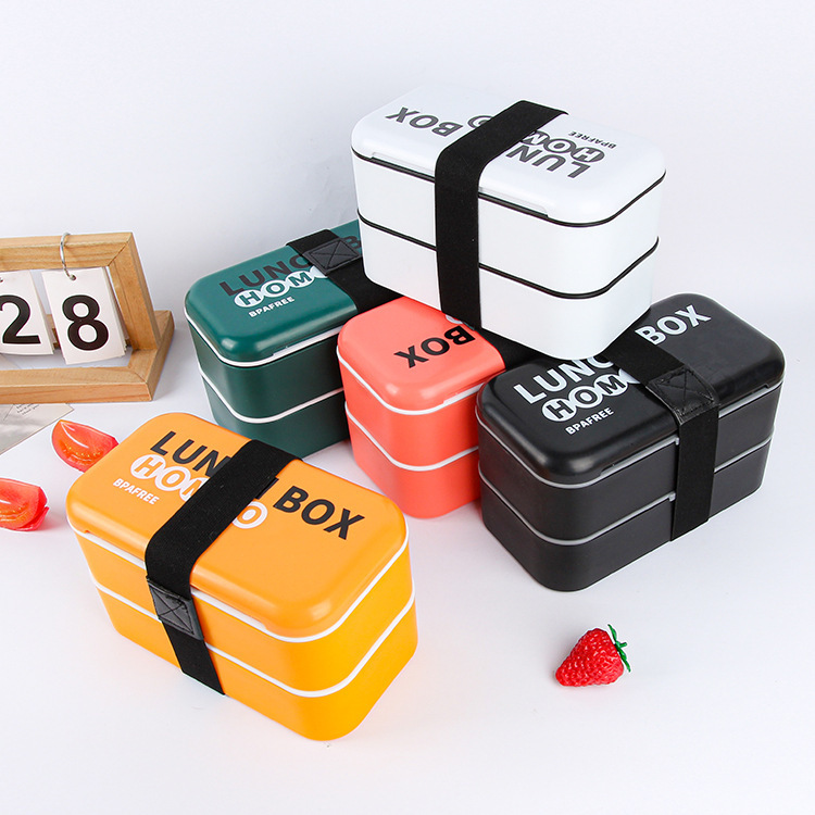Double-layer sealed lunch box with wheat straw straps, Japanese-style office worker lunch box, plastic student lunch box with tableware Application Scenario